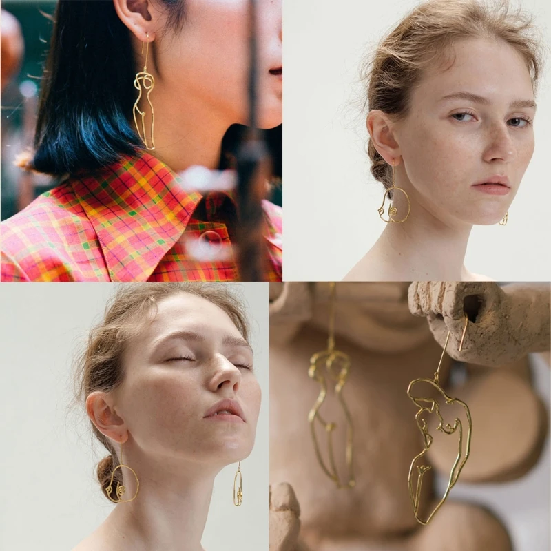 

6 Pairs Abstract Body Lady Face Dangle Earrings Set Original Freedom Female Body Hollow Face Form Wire Earrings Jewelry