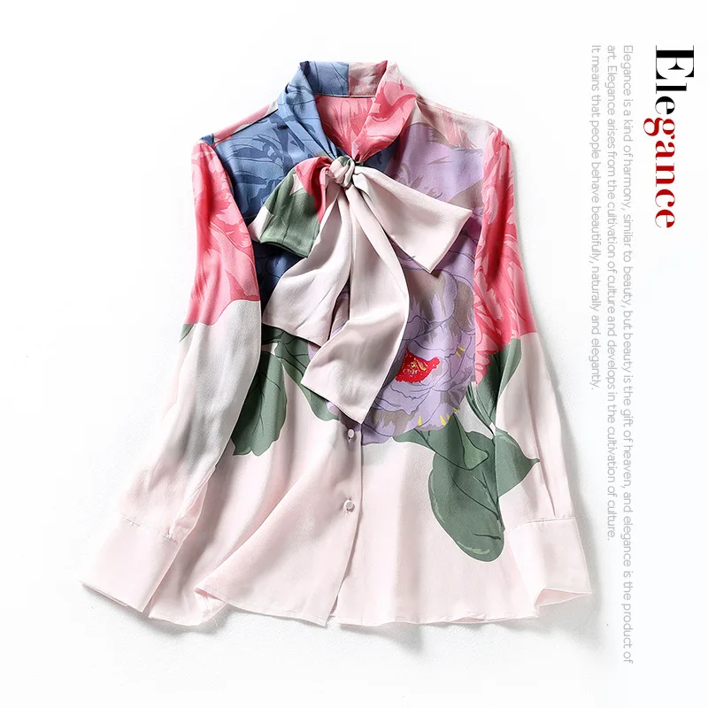 

New pink big flower silk shirt women s short mulberry silk long sleeve ribbon bow tie printed shirt