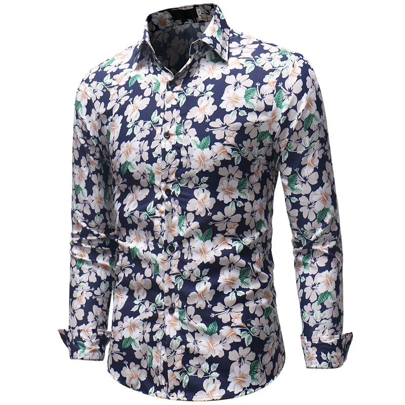 Весна 2019 новый стиль мужская рубашка с длинным рукавом и принтом модная