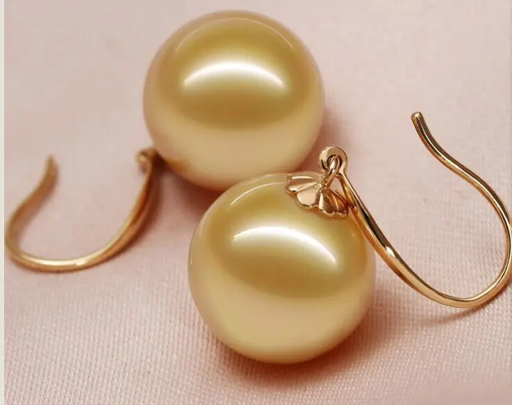 

free shipping Beautiful a pair 10-11mm AAA south sea round gold pearl dangle earrings14k