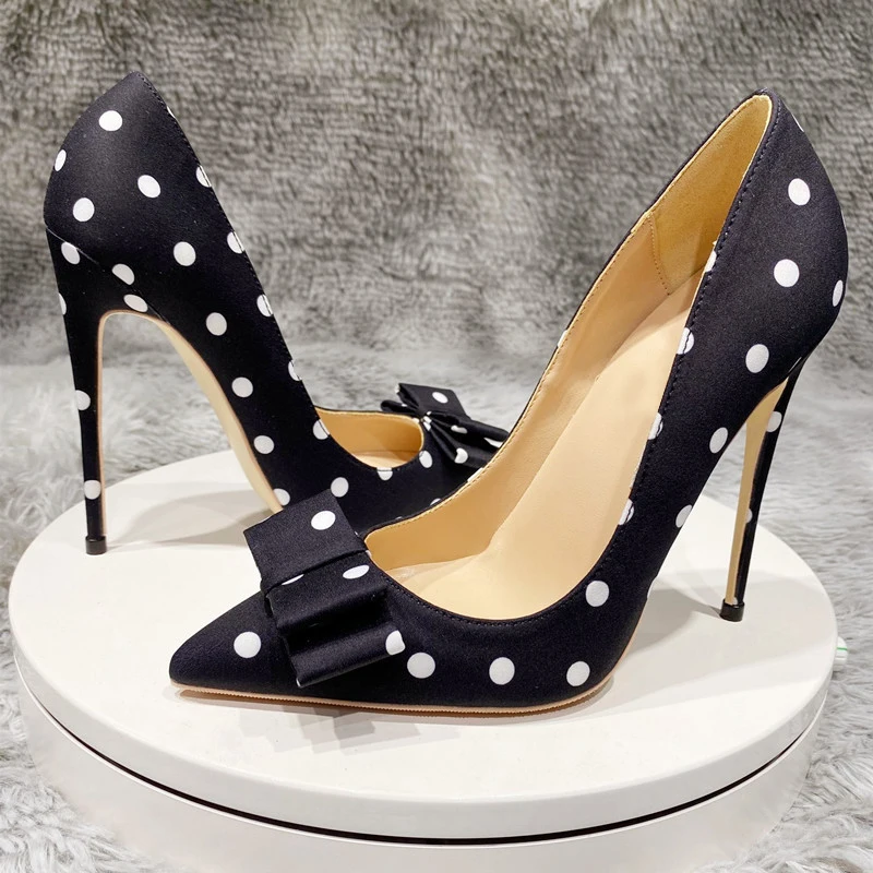 

Bowknot design black pumps white dot 12cm thin high heels spring summer pointed toe slip on plus 45 lady 10cm 8cm BM024 ROVICIYA