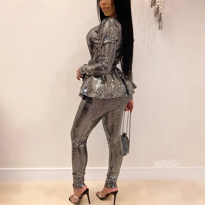 

Women Plus Size Office Ladies Sequined Autumn 2 Two Piece Set Top and Pants Elegant Female Casual Business Suits