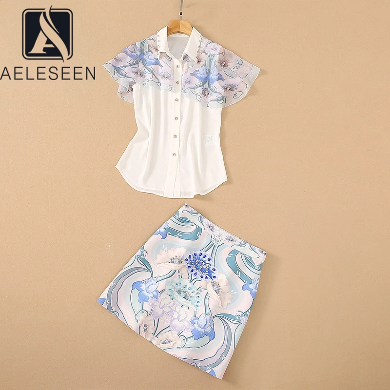 

AELESEEN 2021, Дизайнерский Модный летний комплект из 2 предметов, рубашка с короткими рукавами и оборками + Сексуальная мини-юбка, женские комплек...