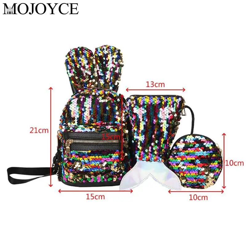 New Fashion Mini Shining Sequins School Backpack Women Rabbit Ears Rucksack Cartoon Label Purse Zipper Shoulder with Small Bag