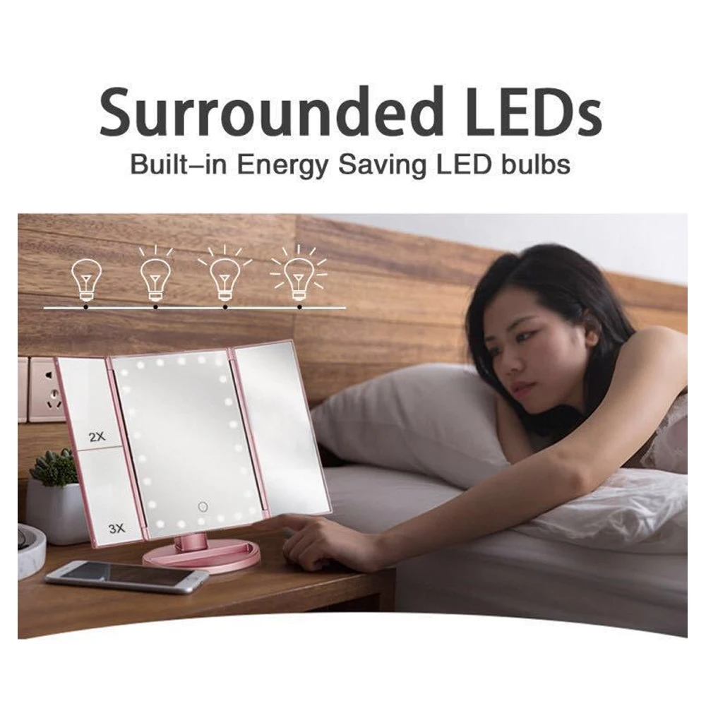 Зеркало для макияжа с регулируемой яркостью 22 светодиода увеличение 2X/3X/10X