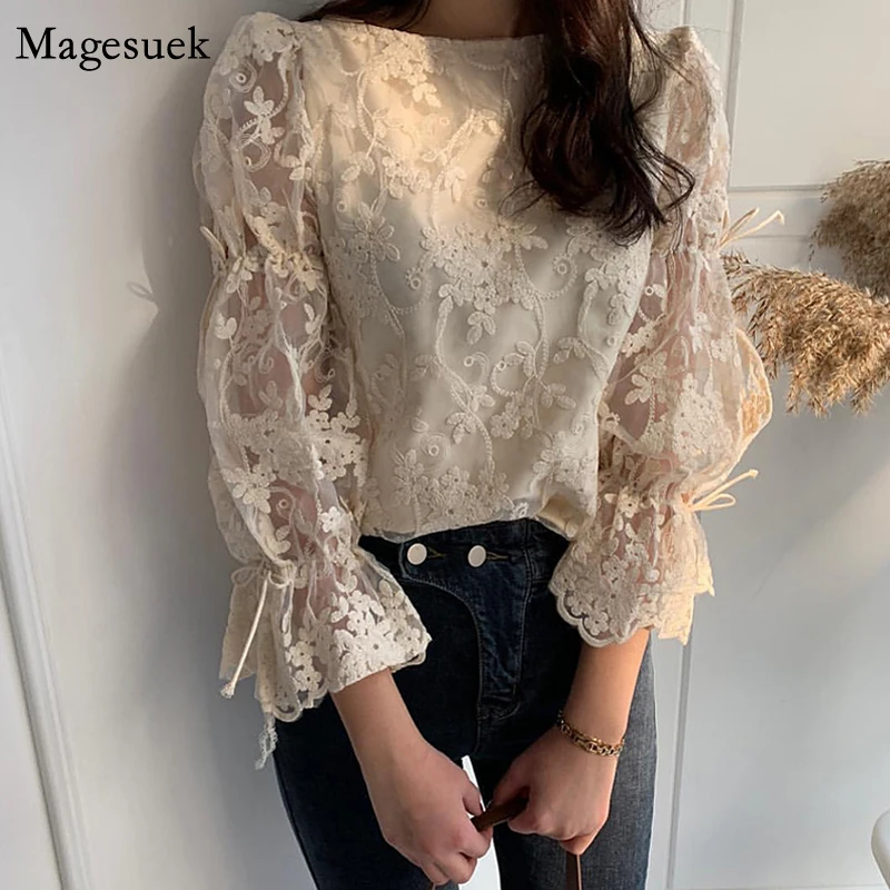 

2022 Spring Korean Embroidered Women's Lace Shirt Flare Sleeve Crochet Floral Blouse Casual Fashion Elegant Chiffon Shirt 13499