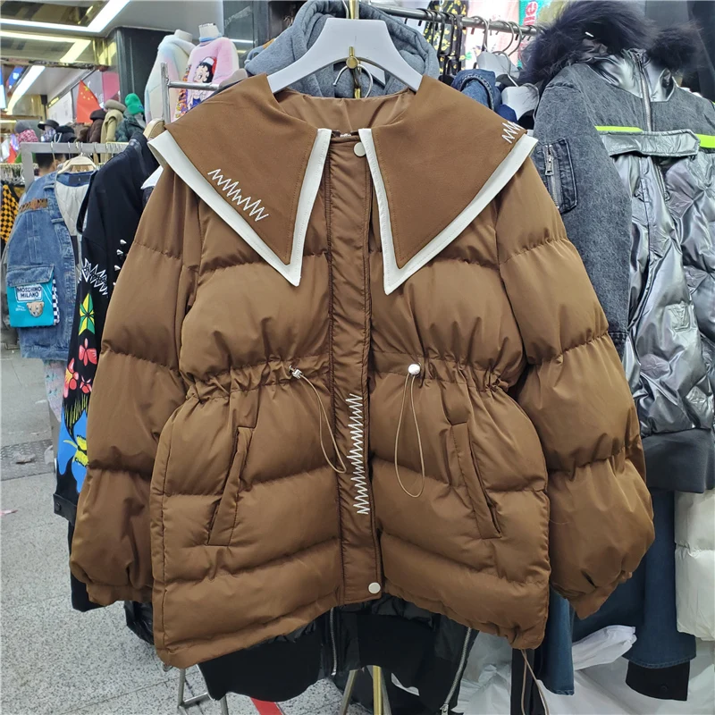

Winter 2021 New Korean Women Fashion Embroidery Doll Collar Cotton Padded Coat Drawstring Long Sleeve Ropa Mujer Invierno Casual