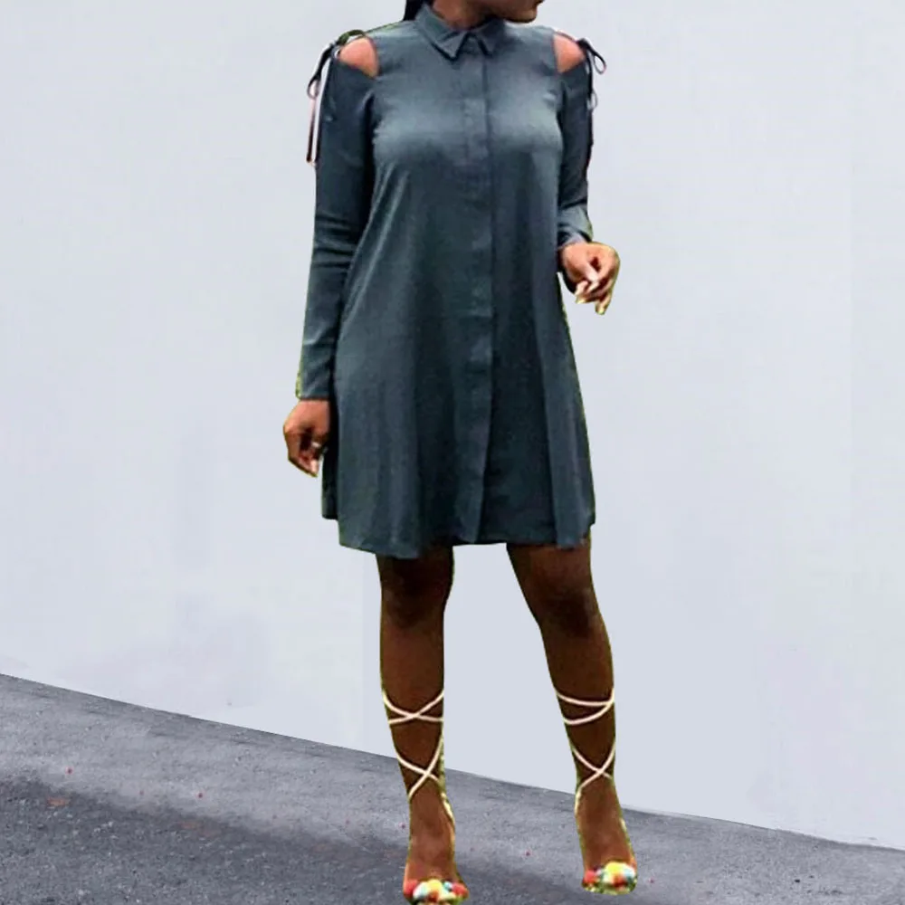 Женское платье-рубашка с открытыми плечами темно-зеленое сексуальное