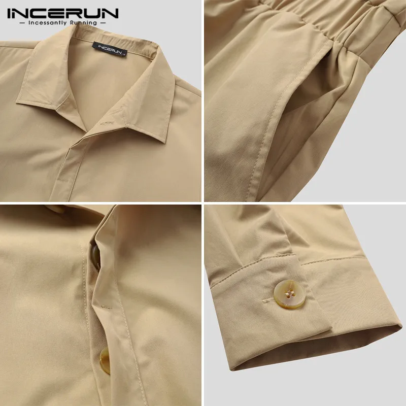 

INCERUN Fashion Men Jumpsuit Solid Color Button Pants Long Sleeve Streetwear Lapel Casual Rompers Chic Mens Cargo Overalls S-5XL