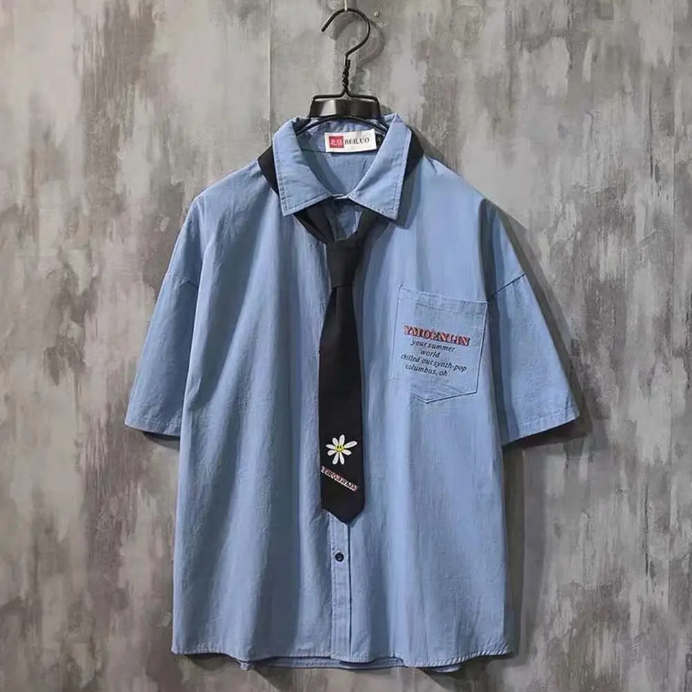 

MISSKY Men's Shirt Summer Daisy Pattern Loose Short-sleeve Uniform Shirts with Tie Male Tops New