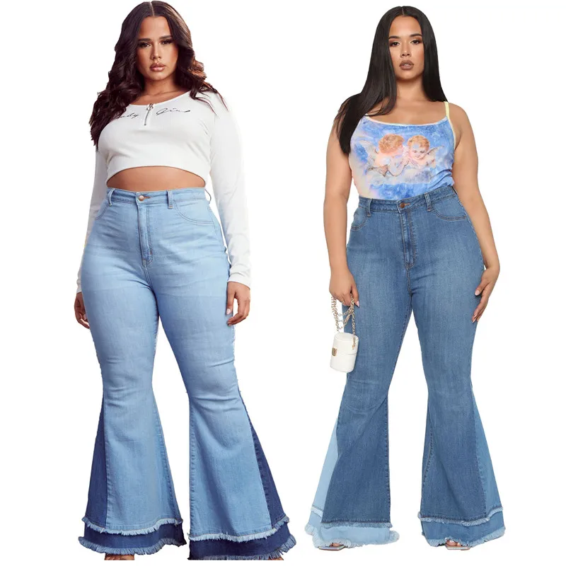

Plus Size 5XL Flared Jeans Women High Waisted Pants Patchwork Stretch Overalls Denim Bell Bottom Trousers Wholesale Dropshpping