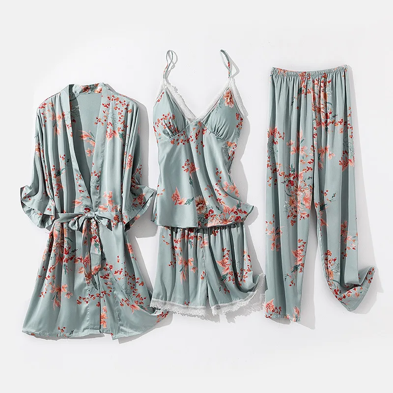 

Charming Print 4PCS Women Sleepwear Set Sexy V-Neck Loose Kimono Robe Lace Cardigan Pyjamas Strap Nighties Full Pants Nightwear