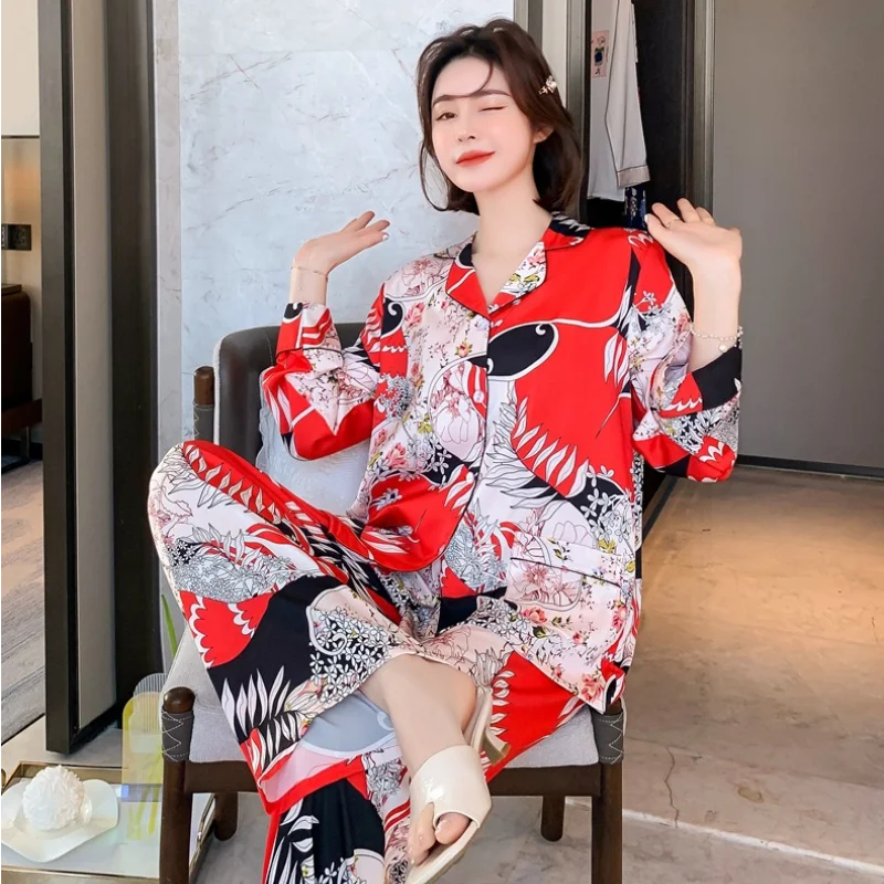QWEEK Silk Like Pajamas for Women Chinese Style Pijamas Autumn 2 Piece Set Cartoon Print Sleepwear Loungewear Pyjamas Female Pjs