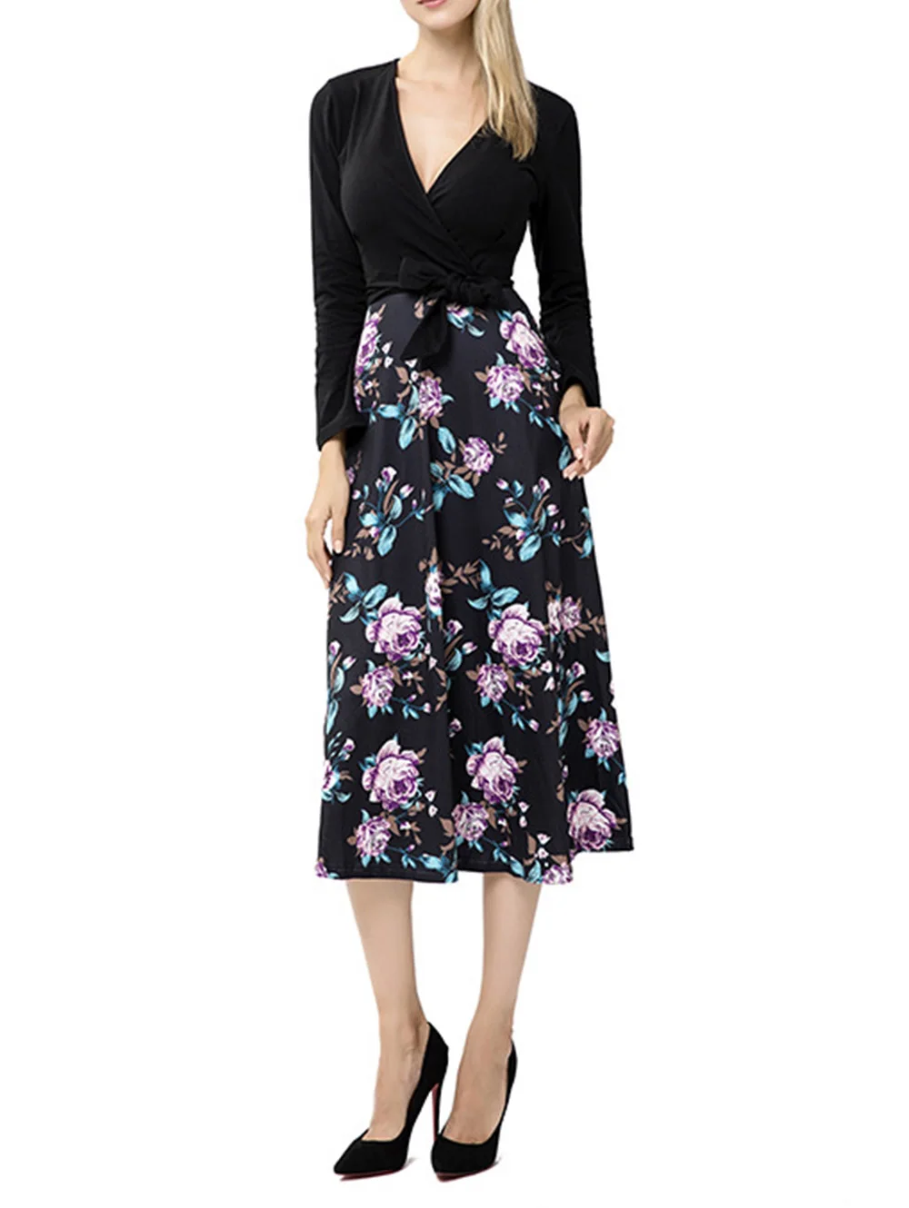 Женское винтажное платье с цветочным принтом V образным вырезом и длинным