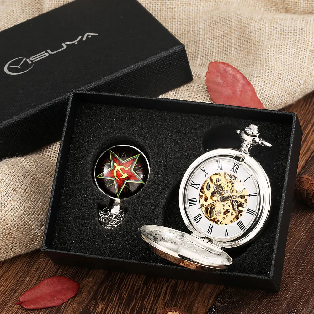 Silver Necklace Watch Quartz Pocket Watch Communist Souvenir Gift Set for Men Women Mechanical Manual Winding Pocket Watch