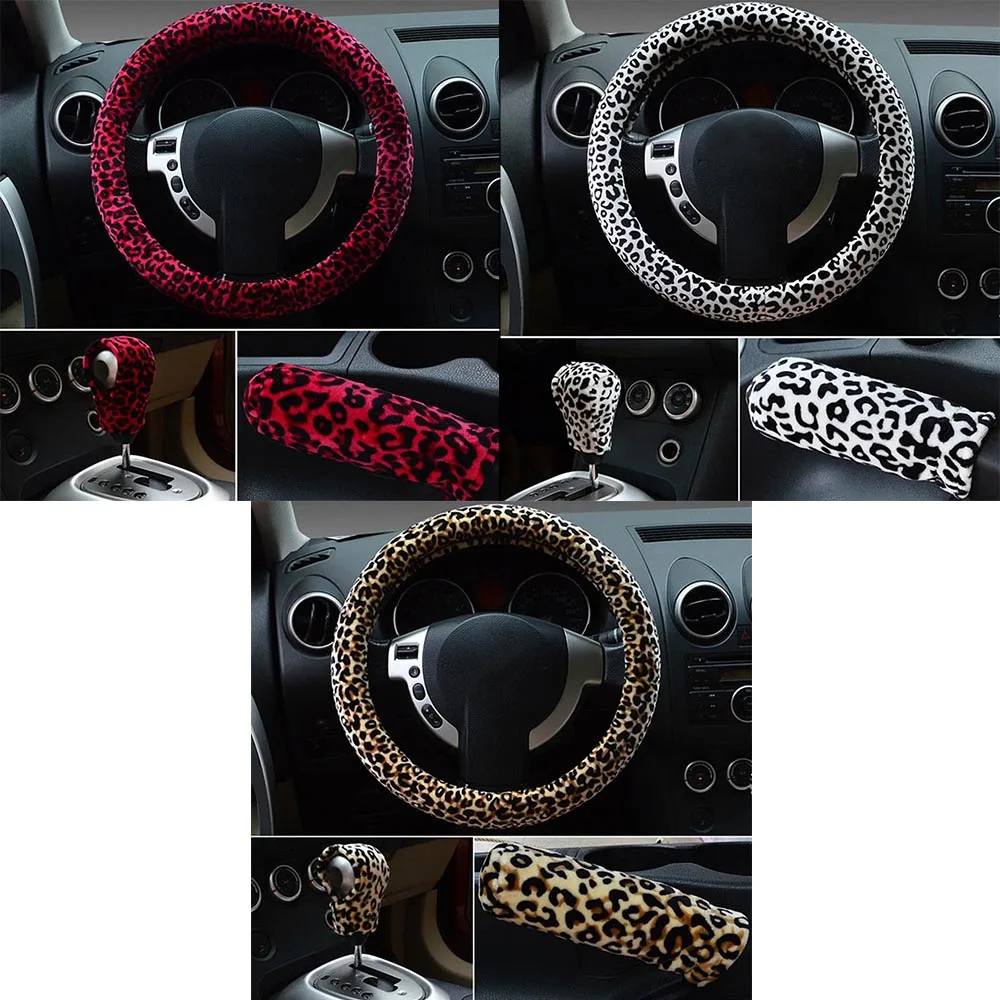 

DJSona 3 in 1 Soft Leopard Car Steering Wheel Cover handbrake grip gear shift collar Covers 38cm Short plush warm Winter for All
