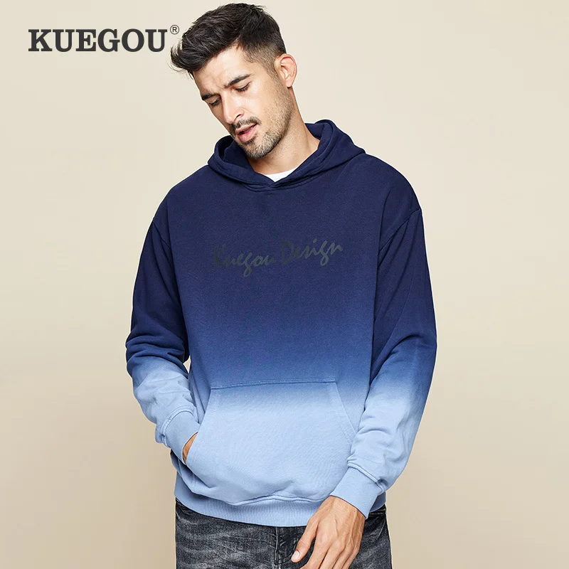 

Мужская толстовка с капюшоном KUEGOU, из 2021 хлопка, однотонная, модная, уличная, винтажная, Спортивная, Одежда большого размера, осень 100%