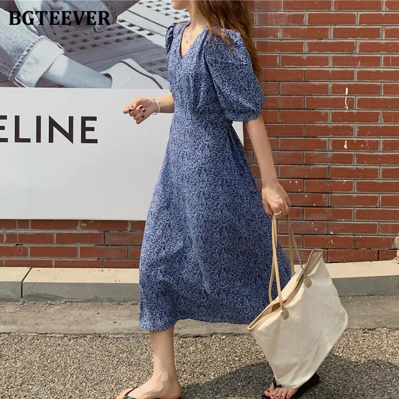 

BGTEEVER Elegant V-neck Puff Short Sleeve Women Floral Print Dress Spring Summer Slim Waist Lace-up Female Midi Dress Vestidos