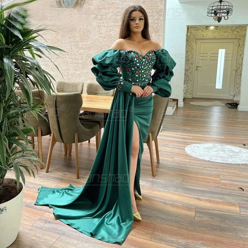 Женское вечернее платье с юбкой годе Fanshao зеленое открытыми плечами пышными