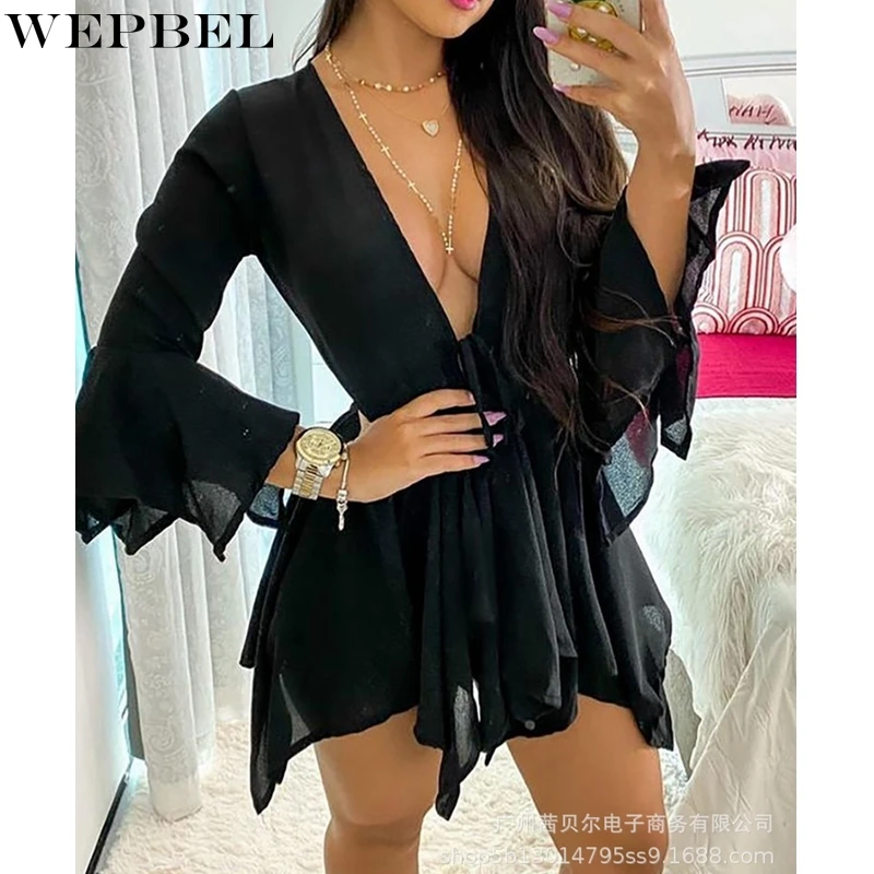 

WEPBEL Women's Sexy Solid Slim Two-Piece Suit Autumn High Waist Straight Shorts + Long Sleeves V-neck Pleated Lace-up Top Suit