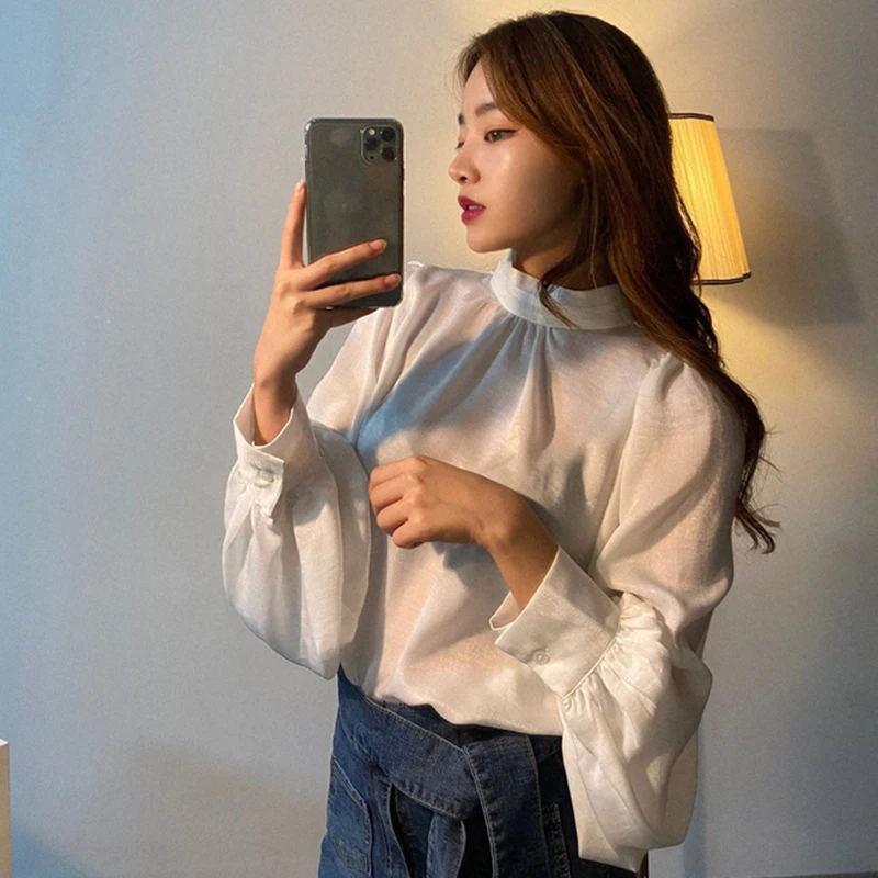 

Elegant Shirt Spring Femme Casual Tops Women Long Puff Sleeve Satin Silk Blouse Girls Korean Office Blouses Solid Blusas