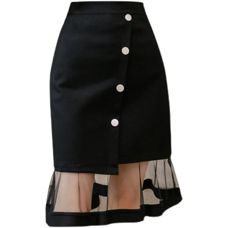 

Patchwork Summer Slim Women's High Waist Black Midi Skirt Mid-Length Over-the-Knee A- Line Sheath Skirts Streetwear Ropa Mujer