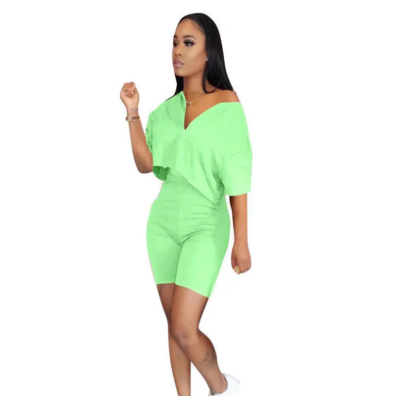 

Women Two Piece Set Tracksuit Summer Clothes V-neck Short Sleeve Zipper Crop Top High Waist Biker Shorts Lounge Outfits Set 2020
