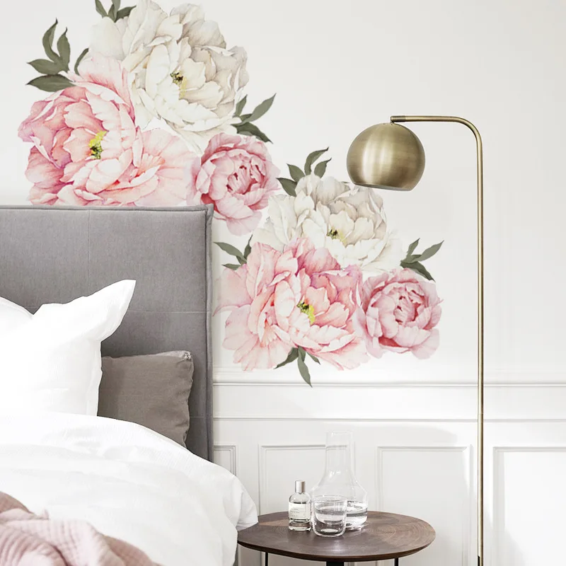 

PVC Pink Peony Flowers Wall Sticker Removable DIY Adhesive Leaves Art Wall Sticker Decal Home Decor for Bedroom Living Room