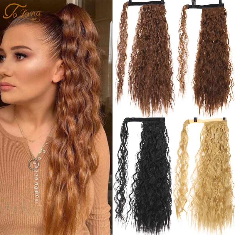 

TALANG Long Corn Wavy Ponytail Wrap Around Ponytail Clip in Hair Extensions Natural Hairpiece Headwear Synthetic Hair Brown