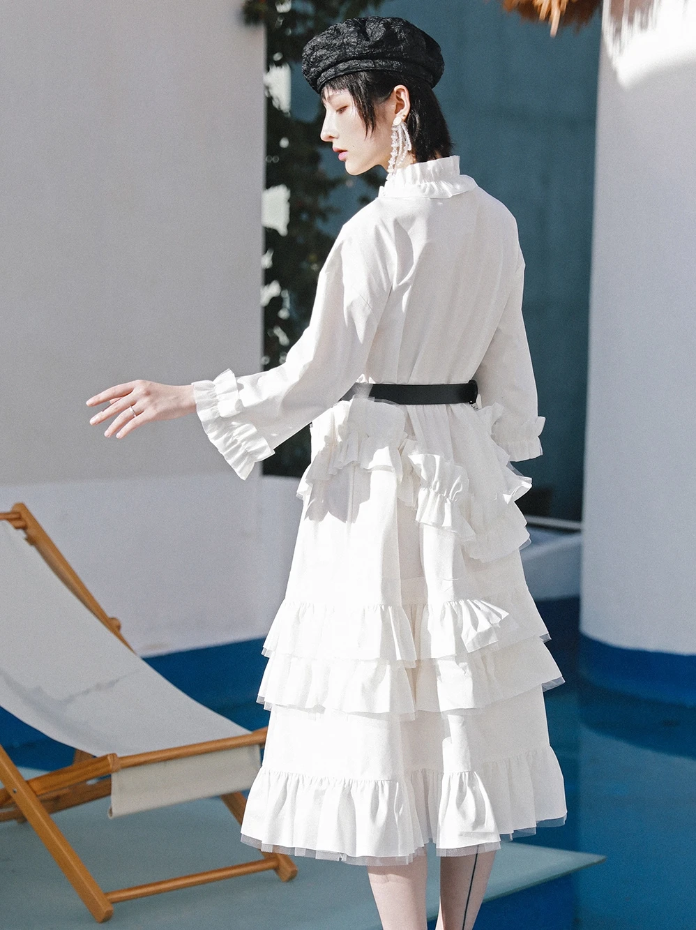 

IEQJ Women Dress New Patchwork Cascading Ruffles Stand Neck Long Sleeve Loose Fit Fashion Tide A-line Sweet Summer 2021 8P809