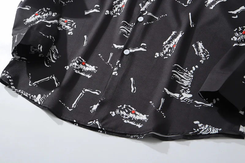 

Men Skeleton Print Hawaii Beach Shirts Harajuku Streetwear 2020 SS Long Sleeve Blouse Hiphop Unisex Black Shirts Tops and Blouse