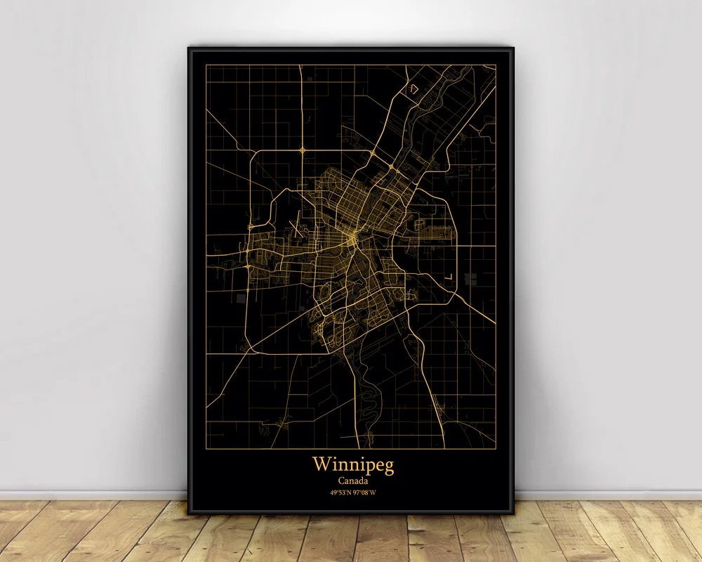Виннипег Канада черные и золотые города легкие карты обычные настенные плакаты