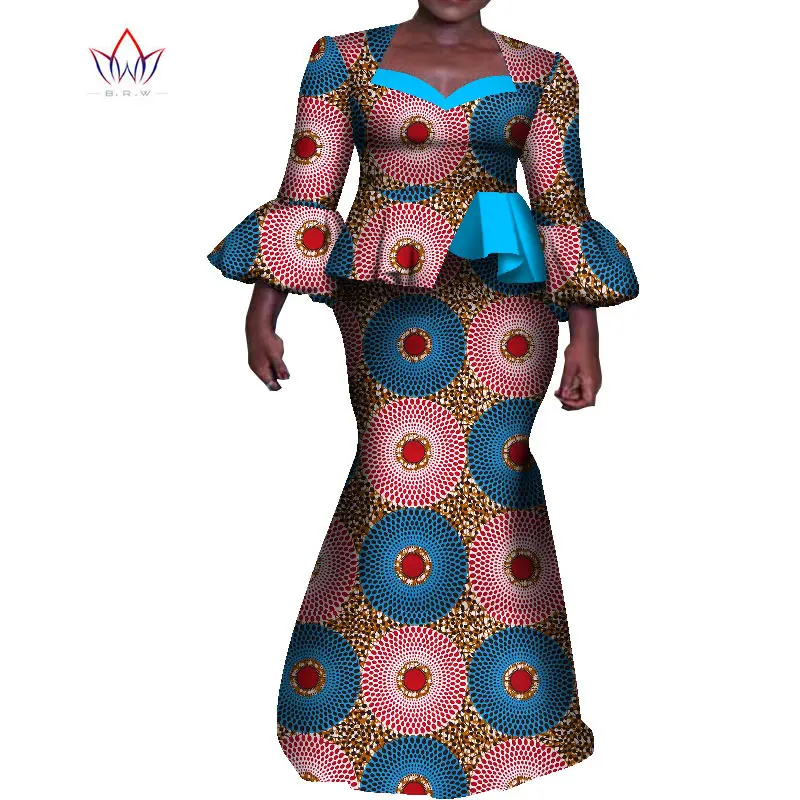

Women Skirt Set Print Patchwork Dashiki Bazin Riche Party Ruffles Sleeve Tops and Skirt Sets for Women African Clothing WY8057