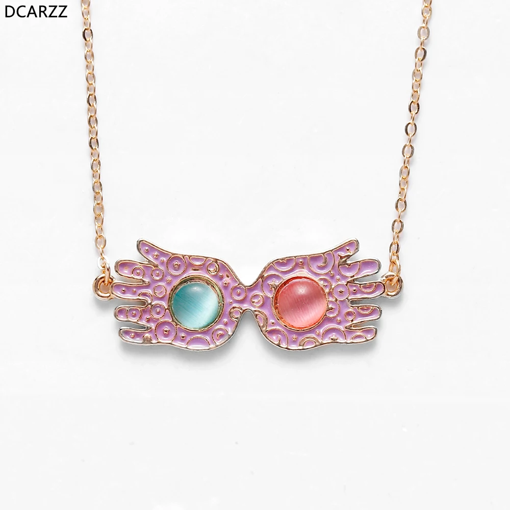 Luna Lovegood-collar de gafas con colgante de ópalo rosa para mujer y niño, regalo de Navidad, disfraz de fiesta de Cosplay, joyería a granel