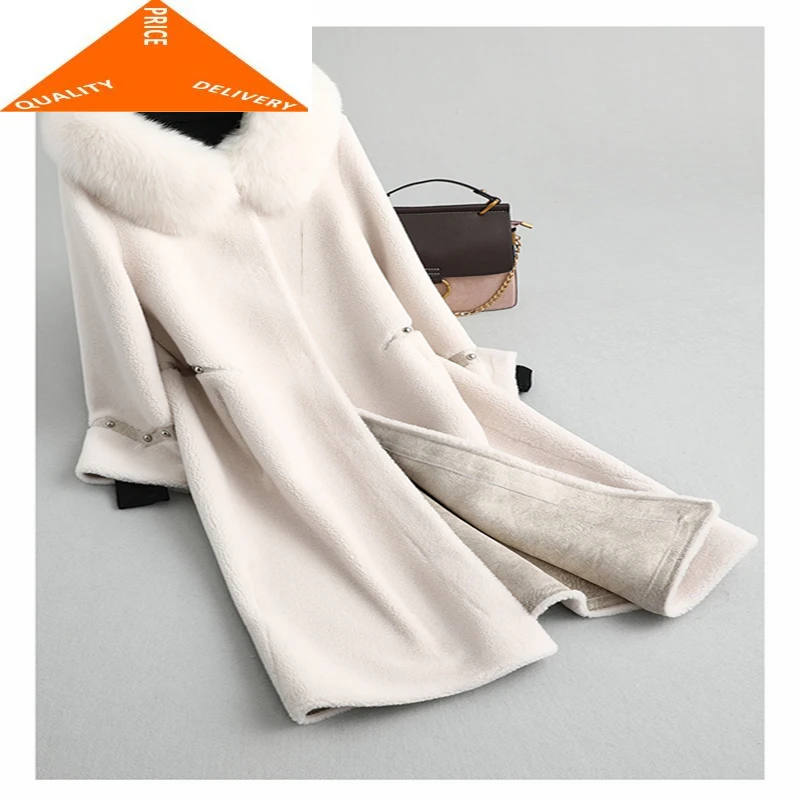 

Женское пальто из натурального меха лисы, длинная зимняя куртка с капюшоном, шерстяное пальто 2020 Hiver 99996