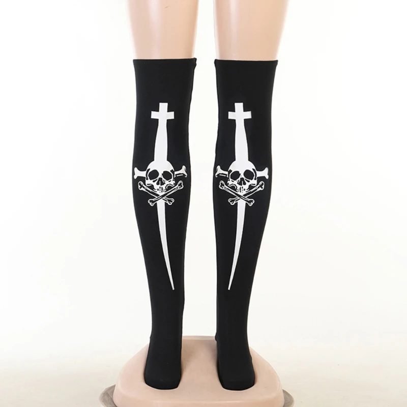 

573B Women Halloween Skull Print Thigh High Stockings Black White Cross Skeleton Gothic Punk Lolita Cosplay Over Knee Socks