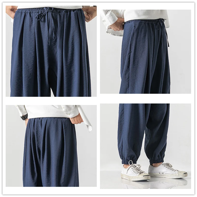 JDDTON Men Cross-pants Linen Pants Flax Hemp Loose Thin Male Fashion Casual Hip Hop Vintage Full Length Trouser Streetwear JE121 | Мужская