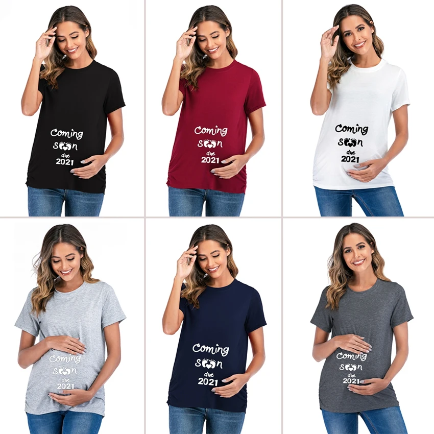 

Новинка 2021 Одежда для беременных женщин футболка с коротким рукавом для беременных женщин средней длины в европейском и американском стиле Тонкий Топ с принтом