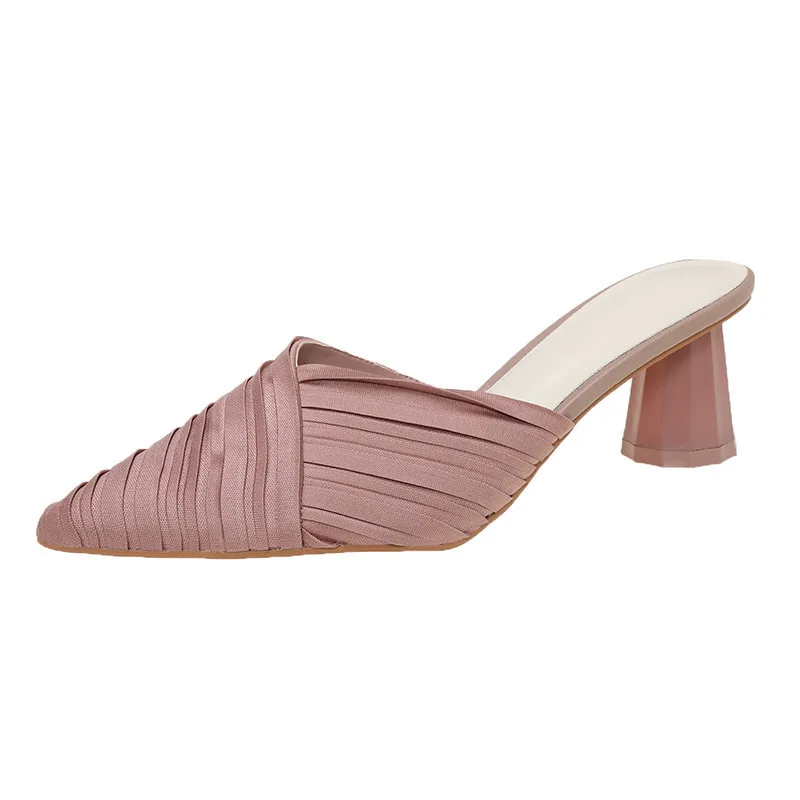 

Female Shoes Ladies' Slippers Pointed Toe Mules For Women 2021 Low Square heel New Summer Cover Heels Block Basic Rome Rubber PU