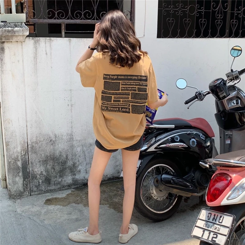 

2021 Summer T Shirt Women Back Letter Print Loose Short Sleeve Tee