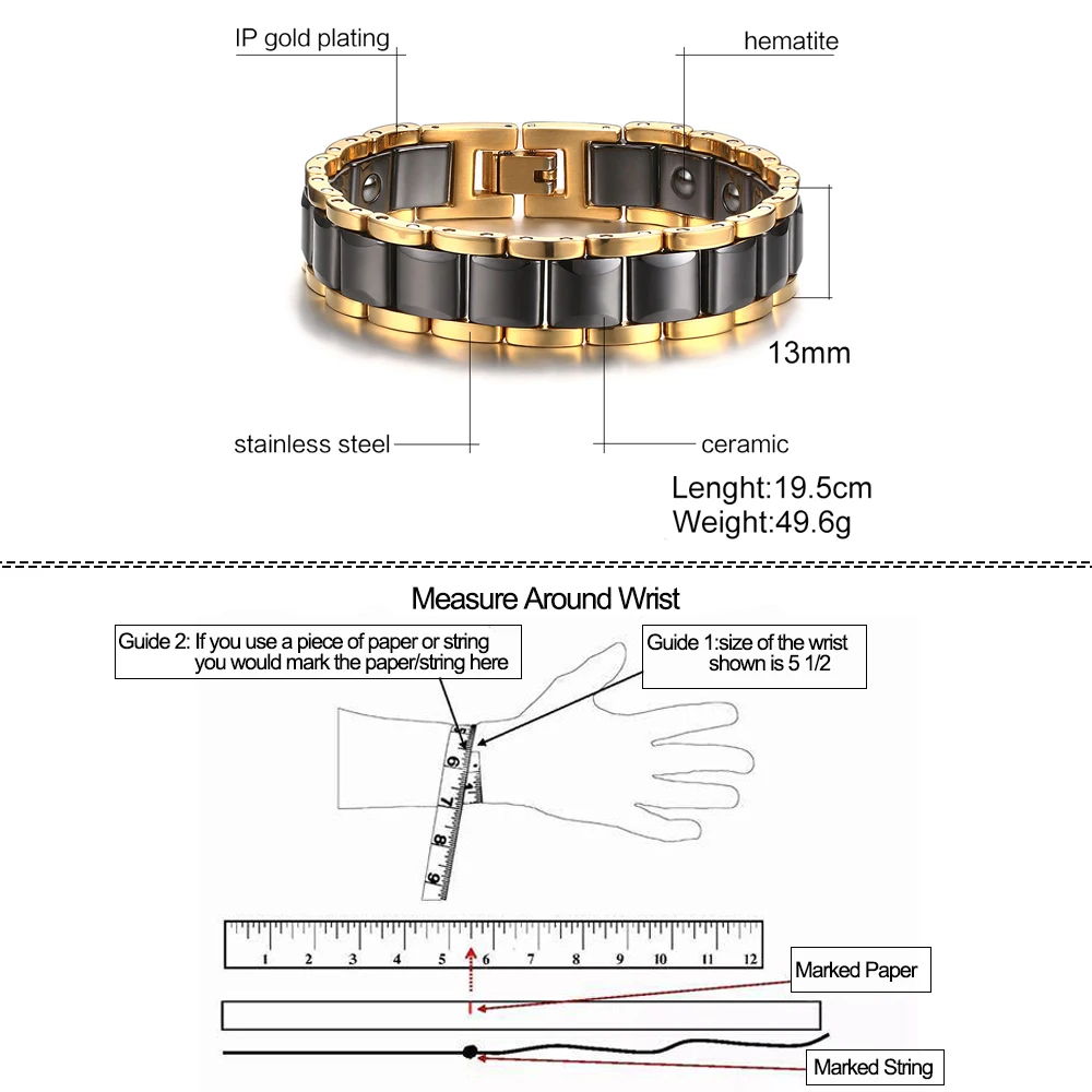 Черный магнитный браслет мужской энергетический гематит золотистый