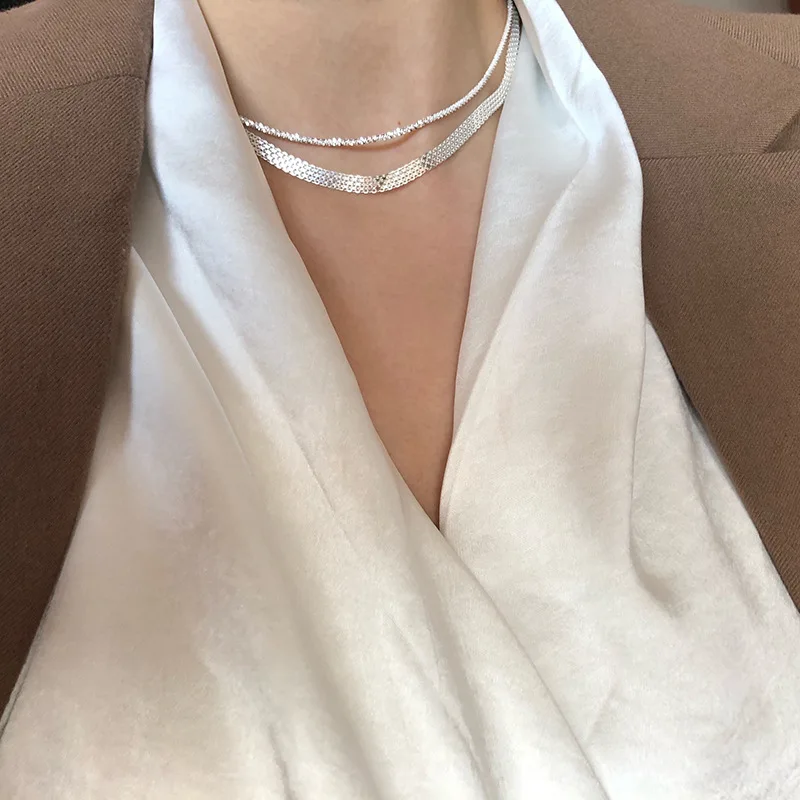 

New widened white necklace Flat chain woven sterling silver custom female sparkling clavicle chain hip
