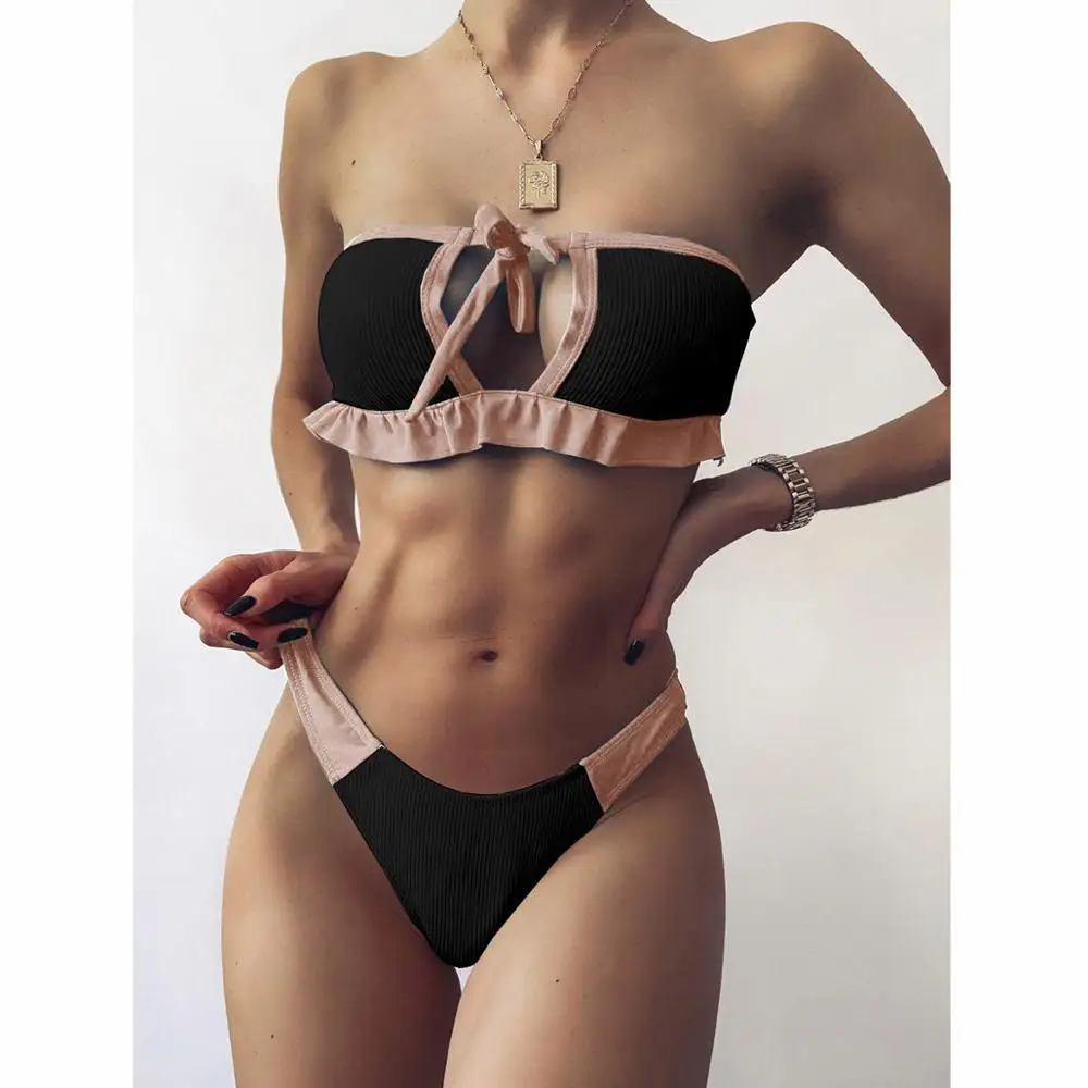 

Бикини с оборками и бандо, 2021, сексуальный женский купальник, купальник, женские стринги, бразильский комплект бикини в стиле пэчворк, купальный костюм