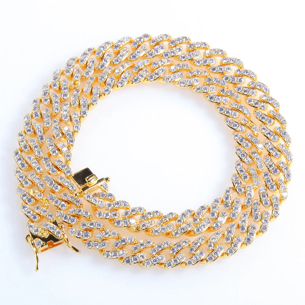 

Hip Hop 9MM Cuban Chain Bling Iced Out CZ Setting 5A+Cubic Zirconia Stone 14k Gold Plating Copper Necklace for Men Gold Chain