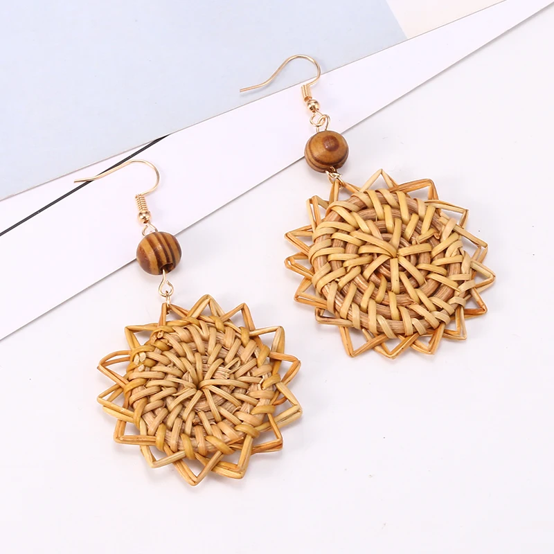 Богемное ротанговое плетение Висячие серьги для женщин ручной работы плетеная