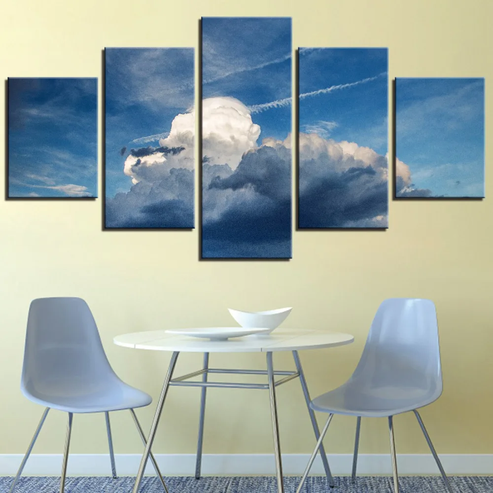 

5 Pieces Blue Sky Canvas White Clouds Wallpapers Art Stickers Landscape Posters Nature For Home Room Decor Framework Modular