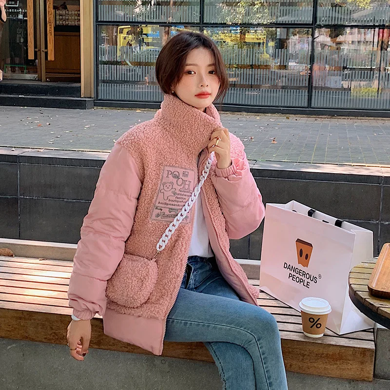 2021 Winter Short Down Padded Jacket Women Stand-up Collar Casual Winter Outwear Jacket Parkas Lamb Hair Stitching Warm Coat