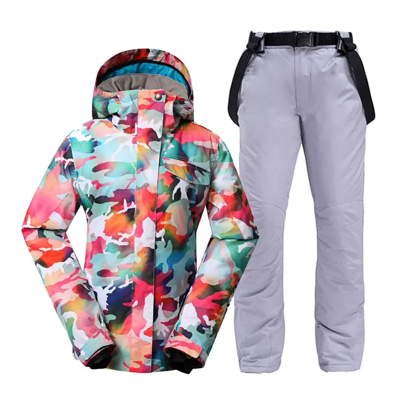jacket and grey pant Камуфляжная женская зимняя одежда верхняя одежда Сноубординг наборы водонепроницаемые ветрозащитные дышащие лыжные куртки и пояс зимние брюки - Цвет: jacket and grey pant