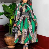 women printed dresses a line pleated long sleeves high neck elegant office ladies work wear floral autumn fashion african robes