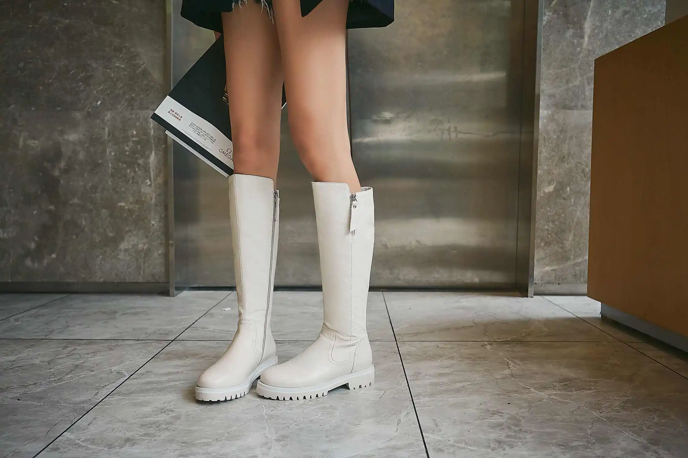 krazing pot winter super keep warm cozy cow leather knight boots round toe med heels solid zipper fashion thigh high boots L5f6